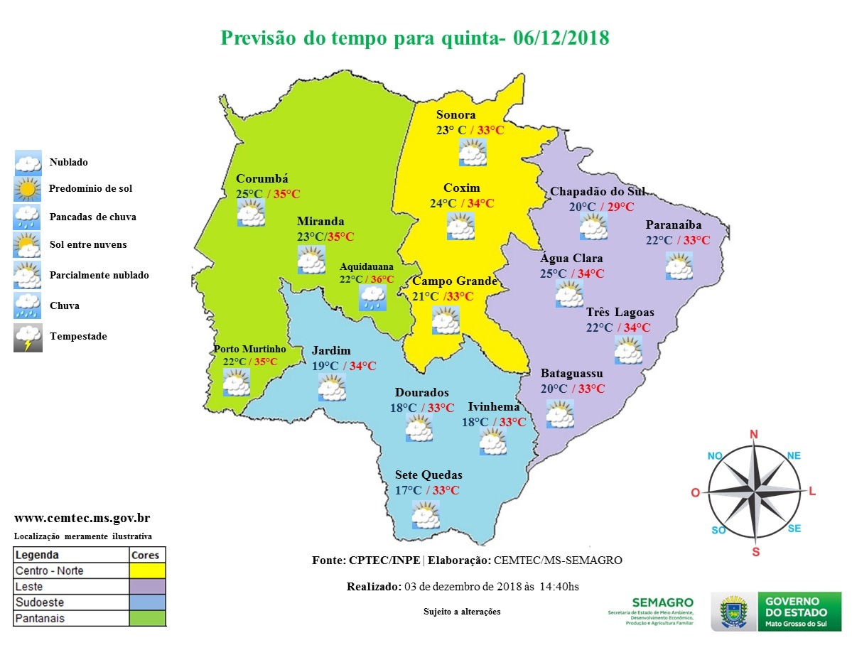 Possibilidade de chuva para as regiões Pantaneiras e Central do Estado