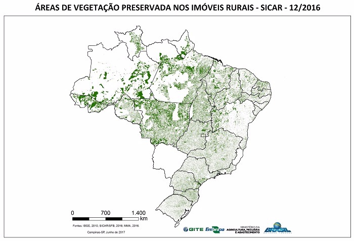 Áreas mapeadas de vegetação preservada nos imóveis rurais cadastrados no SICAR até dezembro de 2016