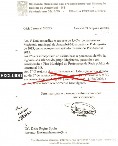 A proposta de redação do Simted para o projeto de lei que define o reajuste salarial com o artigo que foi excluído.