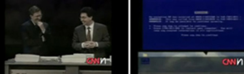 E como esquecer da histórica aparição da BSOD em uma demonstração do Windows 98 na Comdex? Bill Gates viu o sistema USB plug-and-play, um scanner foi conectado e então...Tela Azul da Morte. 