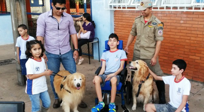 Cães terapeutas do Corpo de Bombeiros visitam crianças com deficiência auditiva