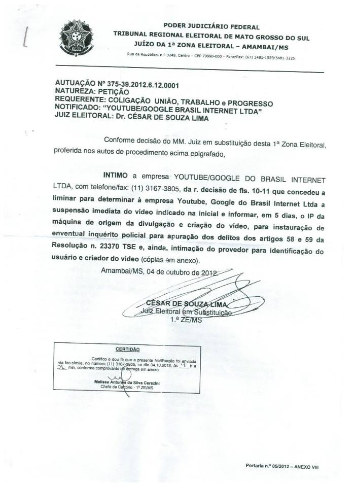 Juiz Eleitoral de Amambai suspende vídeo que difama candidatos da Coligação 15 A liminar para determinação foi solicitada pela coligação União, Trabalho e Progresso.