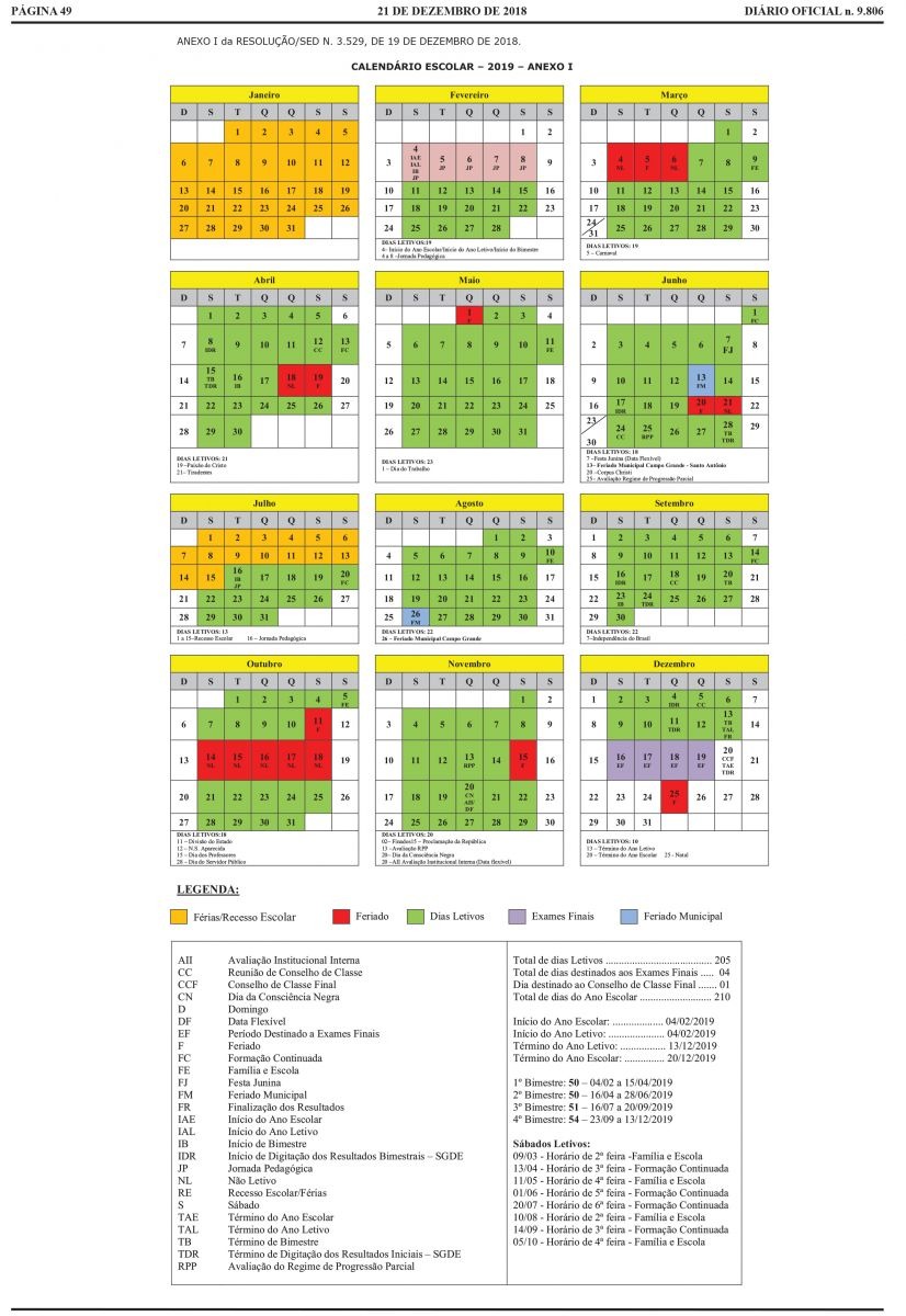 Calendário Escolar de 2019