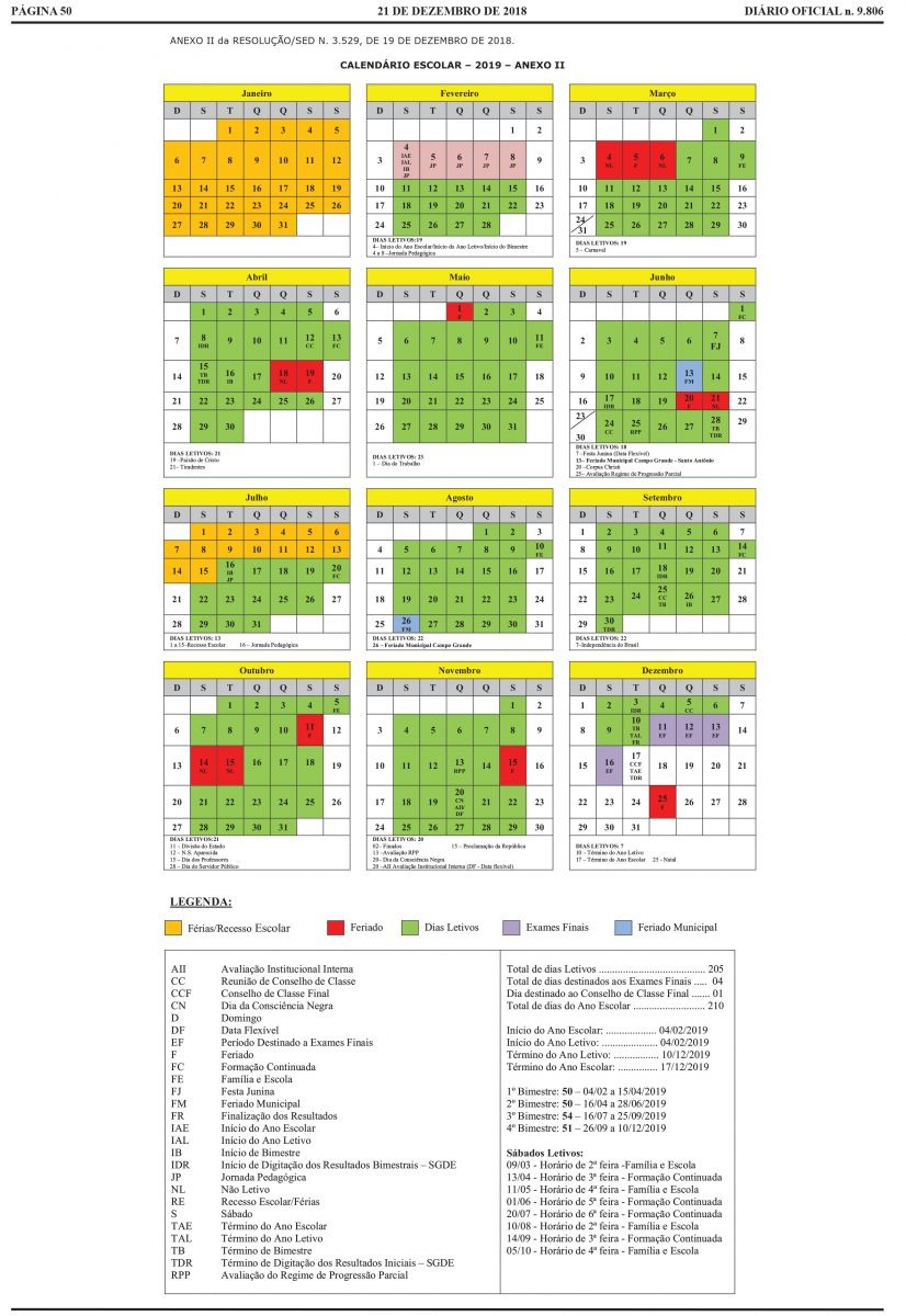 Calendário Escolar de 2019 Calendário Escolar de 2019