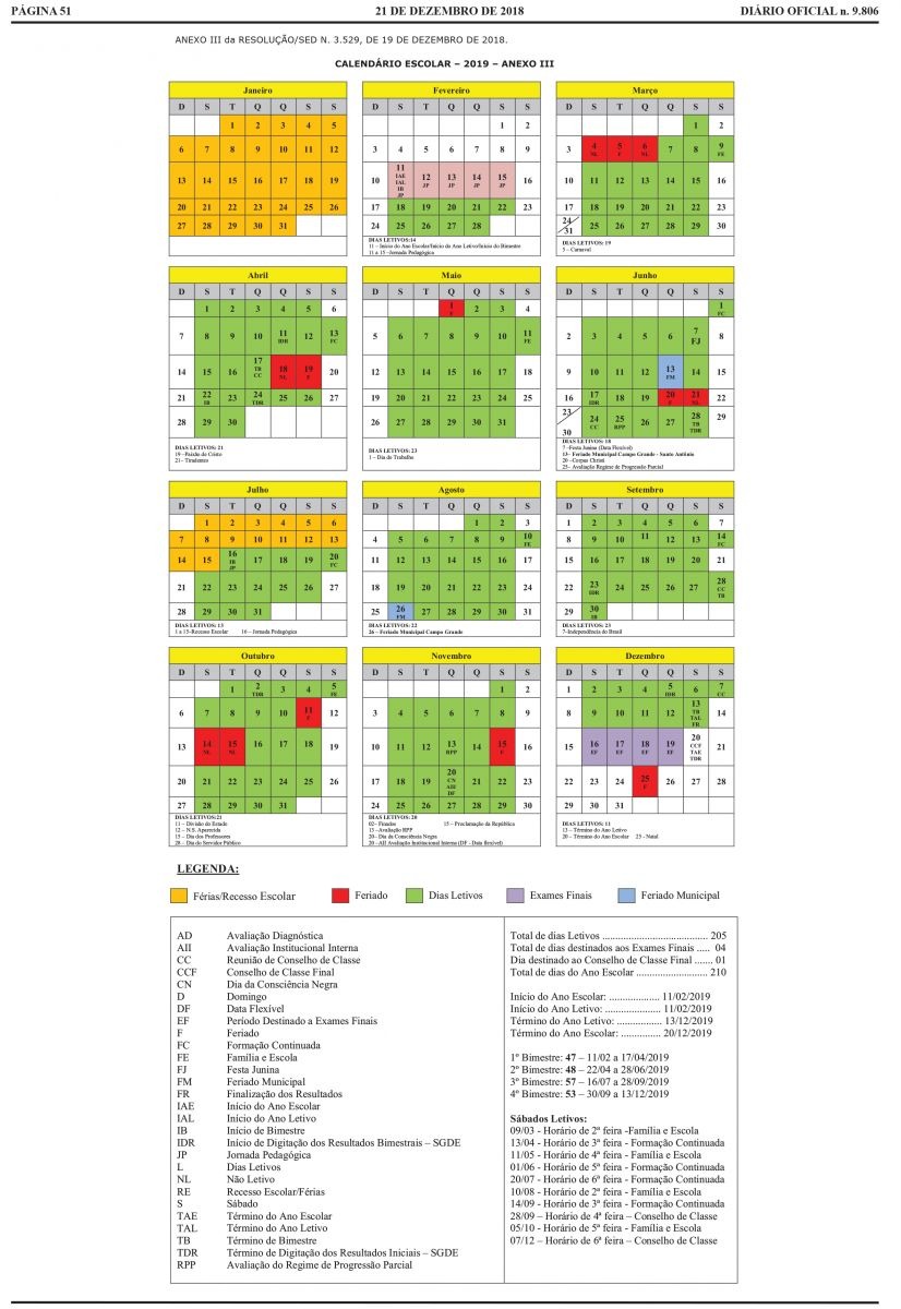 Calendário Escolar de 2019 Calendário Escolar de 2019