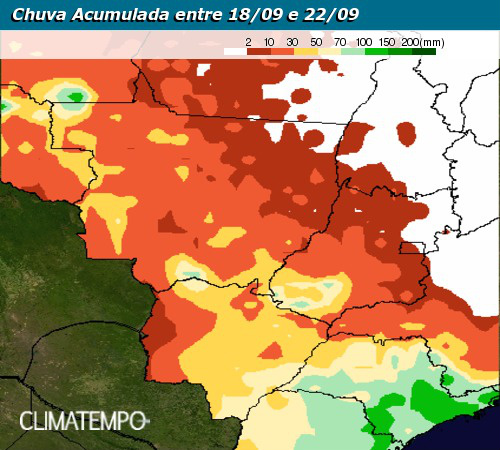 O mapa mostra a previsão de chuva para o Centro-Oeste.
