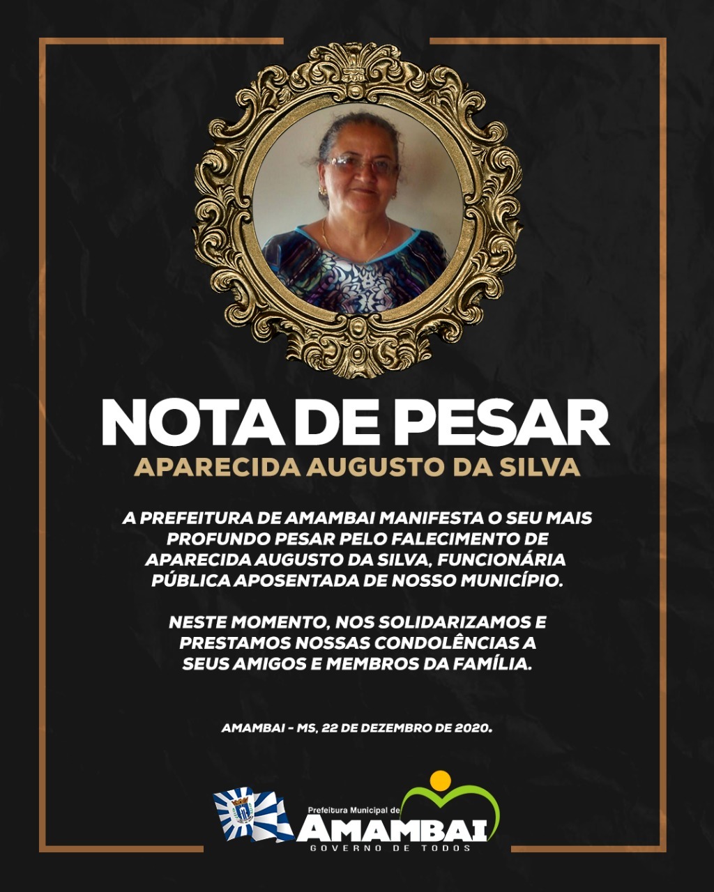 Prefeitura emite nota de pesar pelo falecimento de Aparecida Augusto da Silva Foto: Decom/ Prefeitura de Amambai