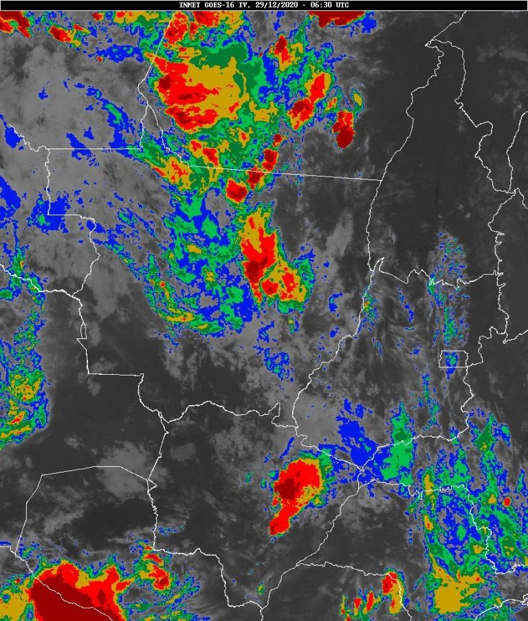 Quarta-feira será de nuvens, chuva e temperatura elevada em MS Imagens de satélite mostram nuvens sobre Mato Grosso do Sul (fonte: Inmet)