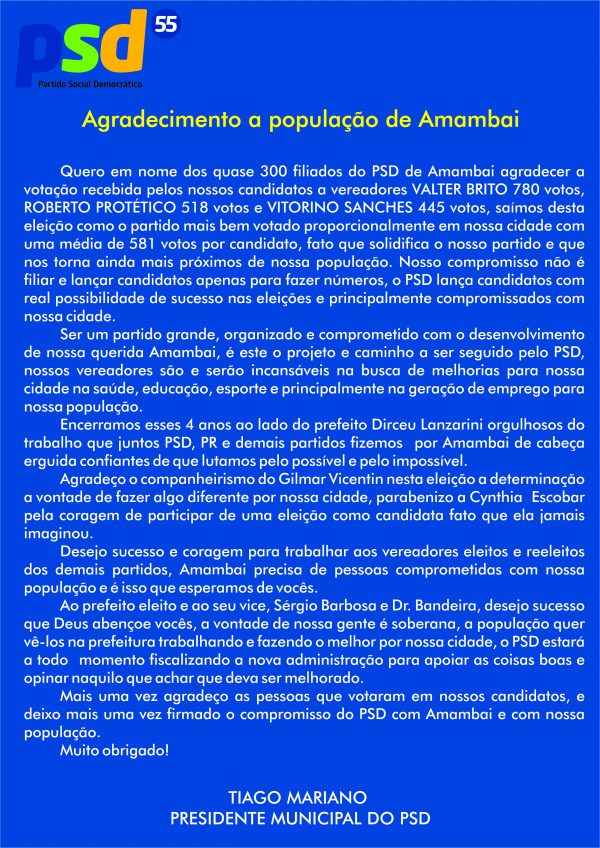 Carta do presidente do PSD em Amambai, Tiago Mariano.