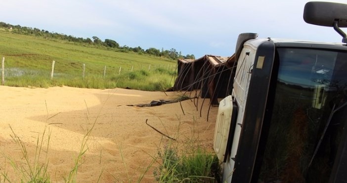 Carreta sai da pista, tomba e espalha 32 toneladas de soja na MS-156, em Amambai Foto: Agazetanews