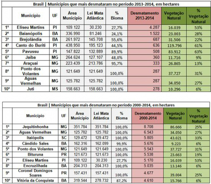 Clique e confira a tabela dos municípios que mais desmataram a Mata Atlântica / Dados: Sosma