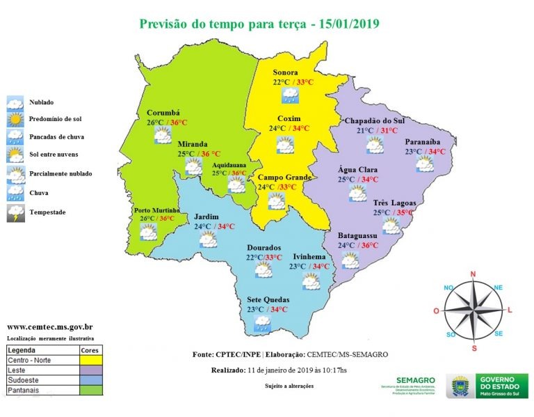 Terça-feira de temperatura alta, com possibilidade de chuva no sul e norte do MS