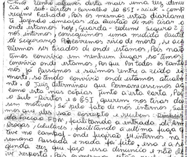 Carta em que detento fez denúncias, em Manaus (AM). (Foto: Reprodução)