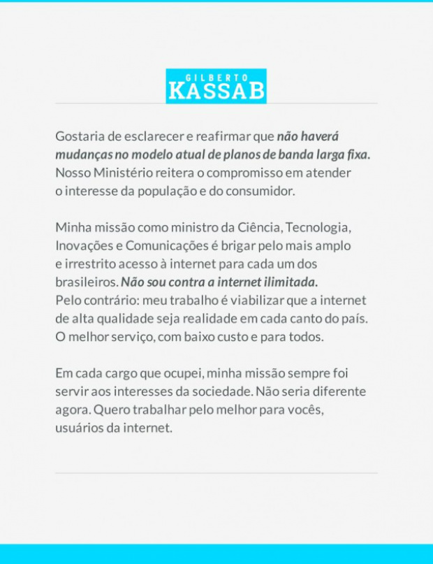 Kassab volta atrás e diz que não haverá mudança em plano de banda larga Kassab volta atrás e diz que não haverá mudança em plano de banda larga