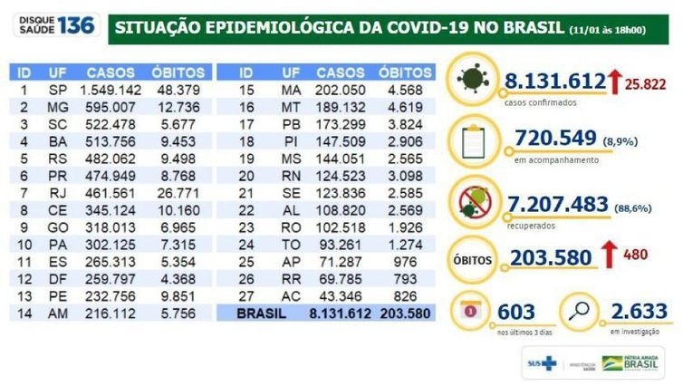 Covid-19: Brasil chega a 8,13 milhões de casos e tem 203,5 mil mortes