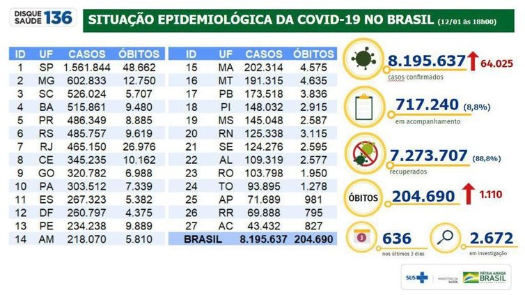 Covid-19: país tem 1,1 mil mortes e 64 mil casos nas últimas 24 horas