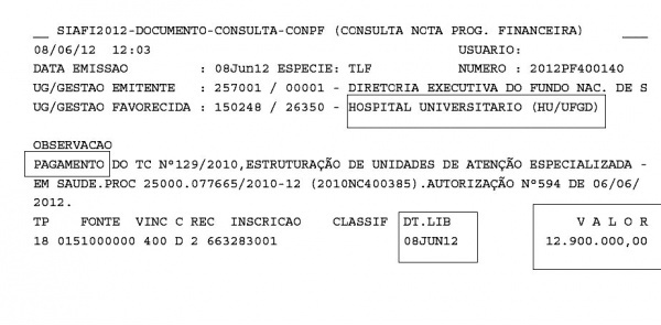 Nota de pagamento do Ministério da Saúde para a UFGD (Foto : reprodução)