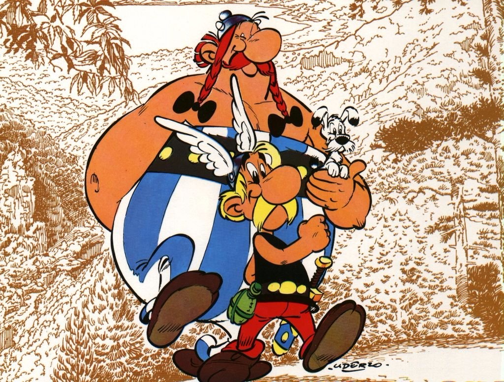 Os personagens franceses, Asterix e Obelix, com o cãozinho Ideafix.