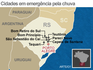 Sete cidades decretam emergência após chuva durante o feriado no RS Cidades em emergência pela chuva.