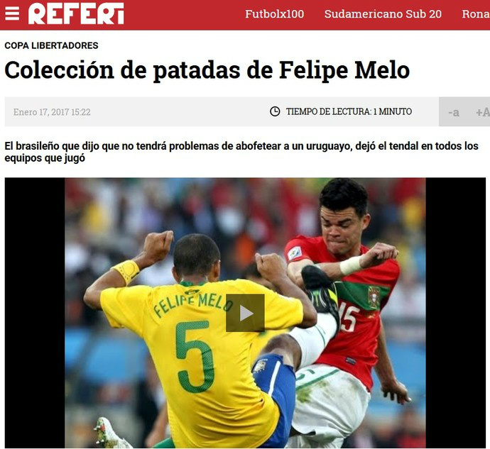 Jornal uruguaio destaca "coleção de patadas" do palmeirense Felipe Melo Jornal uruguaio destaca passado violento de Felipe Melo (Foto: Reprodução)
