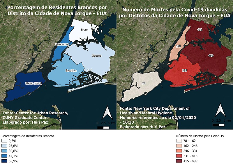 As desigualdades sociais que a pandemia da covid-19 nos mostra Porcentagem de residentes brancos e número de mortes por Covid-19 por distrito em Nova York (EUA) / Huri Paz