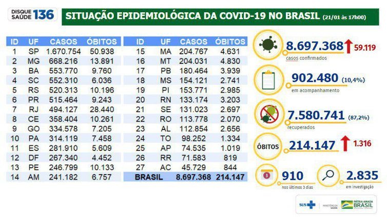 Covid-19: mortes somam 214,1 mil e casos, 8,69 milhões