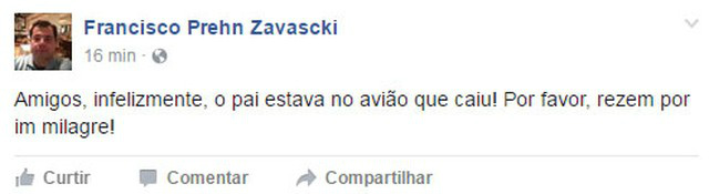 'Estamos torcendo por um milagre', diz filho de Teori Zavascki Filho de Teori Zavascki, Francisco Prehn Zavascki, confirma no Facebook que ministro estava no avião que caiu em Paraty (Foto: Reprodução/Facebook/Francisco Prehn Zavascki)