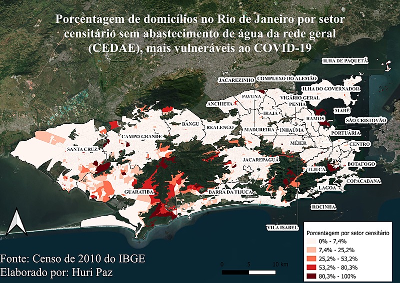 As desigualdades sociais que a pandemia da covid-19 nos mostra Porcentagem de domicílios no Rio de Janeiro por setor censitário sem abastecimento de água da rede geral (CEDAE), mais vulnerável à Covid-19 / Huri Paz