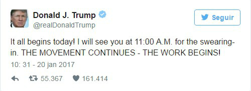 A horas de início, posse de Trump se torna assunto mais comentado no Twitter