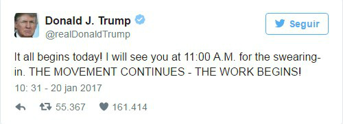 A horas de início, posse de Trump se torna assunto mais comentado no Twitter A horas de início, posse de Trump se torna assunto mais comentado no Twitter