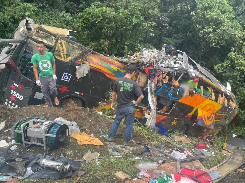 Ônibus saiu da pista e tombou às margens da BR-376, em Guaratuba, no Paraná — Foto: Arquivo pessoal/Juliano Neitzke