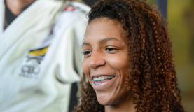 A atleta Rafaela Silva durante apresentação dos judocas que foram convocados pela Confederação Brasileira de Judô para disputar os Jogos Olímpicos Rio 2016