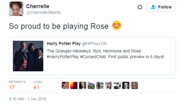 No Twitter, a atriz Cherrelle Skeete diz estar orgulhosa de representar Rose na peça