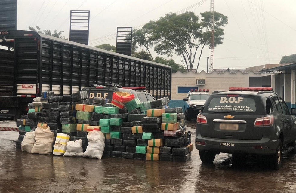 Caminhão é apreendido com 5 toneladas de drogas Caminhão boiadeiro carregava mais de 5 toneladas de drogas em Coronel Sapucaia (MS) — Foto: DOF/Divulgação