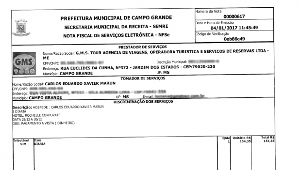 Deputado usou verba da Câmara para visitar Eduardo Cunha na prisão Nota usada pelo deputado Carlos Marun para obter ressarcimento de gasto com hospedagem em Curitiba (Foto: Reprodução)