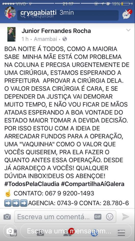 Jovem amambaiense realiza vaquinha online para custear cirurgia da mãe Júnior divulgou nas redes sociais a vaquinha / Foto: Divulgação