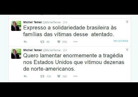 Pelo Twitter, Temer lamenta atentado em Orlando Temer em sua conta no Twitter. Foto divulgação.