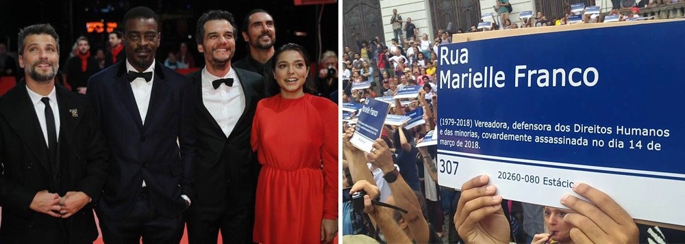 Wagner Moura segura placa com o nome de Marielle no festival de Berlim Wagner Moura segura placa com o nome de Marielle no festival de Berlim