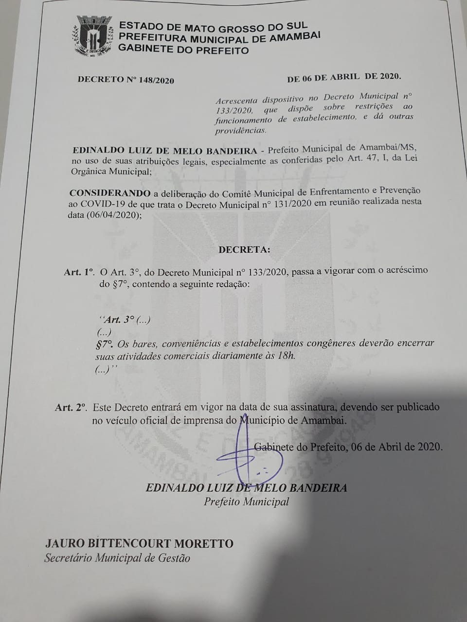 Amambai: bares, conveniências e afins podem ficar abertos somente até às 18h Amambai: bares, conveniências e afins podem ficar abertos somente até às 18h