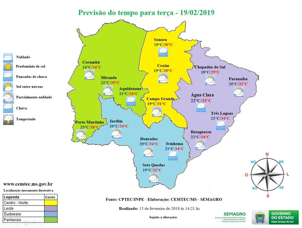 Tempo segue instável com possibilidade de chuva forte em algumas áreas de MS