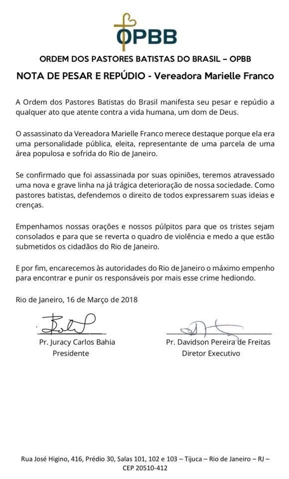 Ordens dos Pastores e CNBB emitem notas sobre Marielle Franco e dividem opiniões