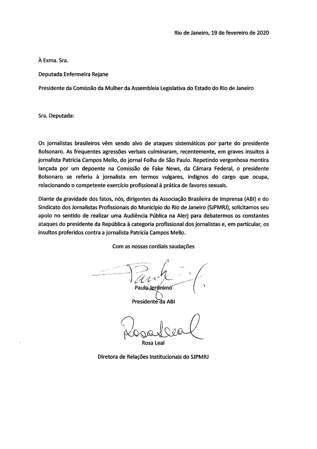 Jornalistas vão à Alerj contra ações de Bolsonaro