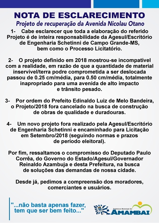 Prefeitura esclarece pausa no projeto de recuperação da Avenida Nicolau Otano