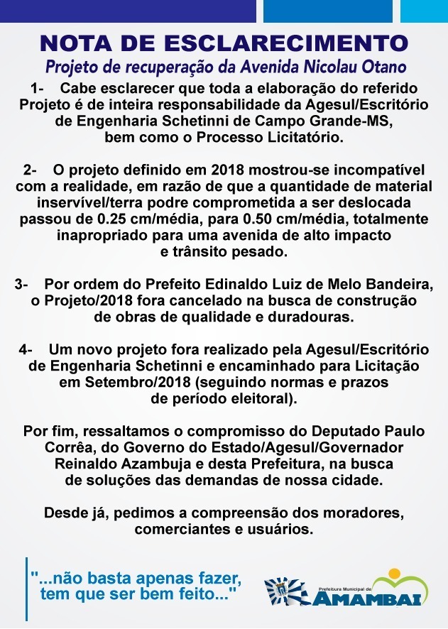 Prefeitura esclarece pausa no projeto de recuperação da Avenida Nicolau Otano Prefeitura esclarece pausa no projeto de recuperação da Avenida Nicolau Otano