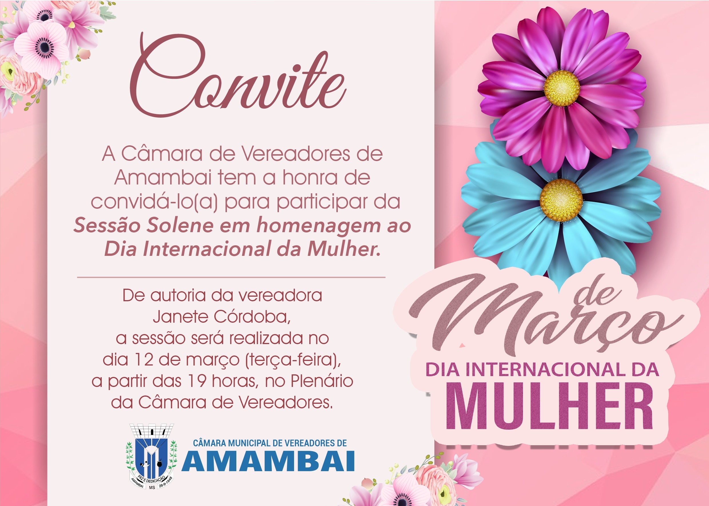 Câmara de Amambai homenageia Mulheres na terça, dia 12 Câmara de Amambai homenageia Mulheres na terça, dia 12