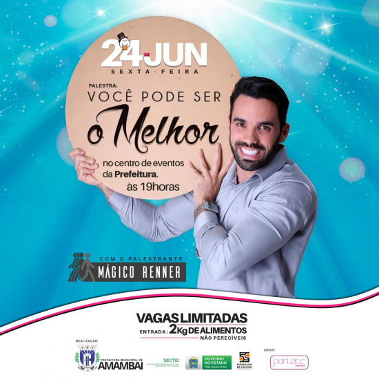 Palestra com o Mágico Renner acontece em Amambai nesta sexta (24) Pela segunda vez em Amambai, o mágico Renner deve lotar o Centro de Eventos Municipal / Foto: Decom