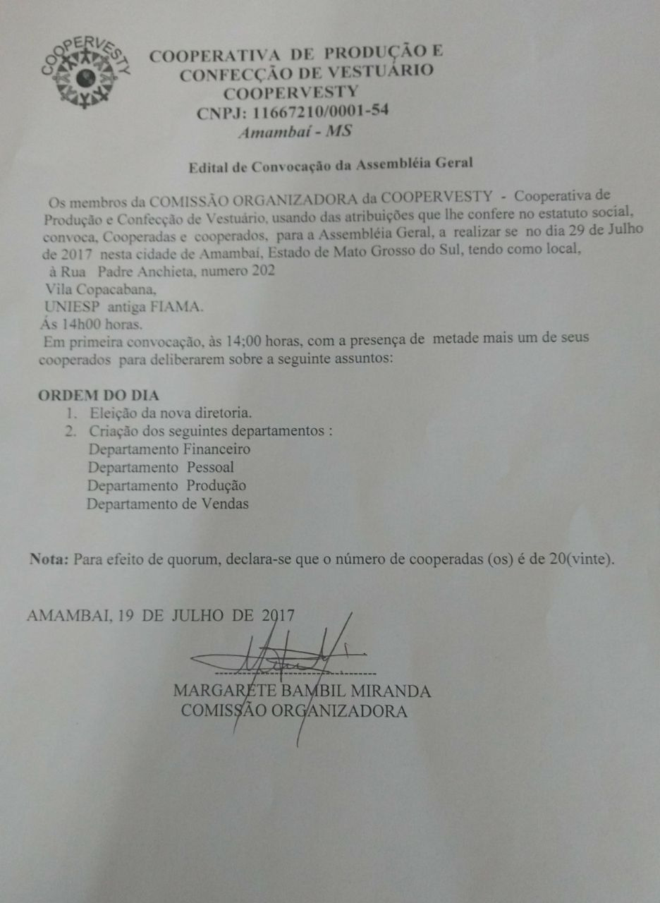 Edital de Convocação - Coopervesty convoca cooperados para assembleia em Amambai Edital de Convocação - Coopervesty convoca cooperados para assembleia em Amambai