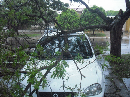 Carro danificado pelo vendaval da tarde de ontem (21) em Amambai.