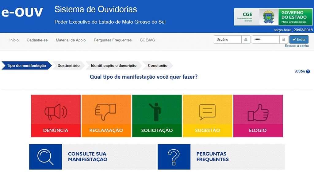 Saiba como funciona o novo canal de comunicação entre Governo e sociedade Sistema informatizado de ouvidoria do Governo de MS. Imagem: reprodução/site.
