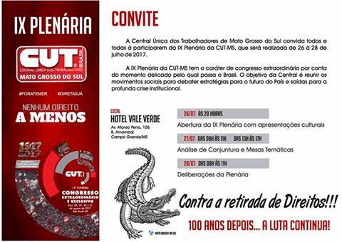 15ª Plenária e Congresso Extraordinário Exclusivo da CUT-MS acontece em CG Foto: Divulgação
